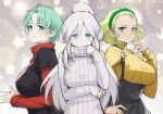  3girls aqua_eyes arm_under_breasts black_shirt blonde_hair blue_eyes breasts deux_murasame four_murasame green_hairband grey_hair gundam gundam_gihren_no_yabou gundam_gquuuuuux hair_pulled_back hairband hand_on_own_face high_ponytail highres jchoy large_breasts leila_raymond long_hair multiple_girls own_hands_together ponytail red_sweater ribbed_sweater scarf shirt short_hair skirt smile star_(symbol) star_symbol_background suspender_skirt suspenders sweater underbust very_short_hair white_hair white_sweater yellow_sweater zeta_gundam 