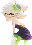  +_+ 1girl artist_name black_dress bow-shaped_hair detached_collar dress earrings food food_on_head gloves gradient_hair green_pantyhose grey_hair grin hand_on_own_knee hoop_earrings inkling jewelry leaning_forward marie_(splatoon) marie_(squid_sisters_outfit)_(splatoon) mole mole_under_eye multicolored_hair object_on_head pantyhose pointy_ears short_dress smile solo splatoon_(series) strapless strapless_dress sushi swept_bangs tentacle_hair updo white_gloves yellow_eyes you_ha 
