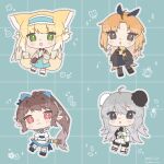 4girls animal_ears arknights bird_girl blonde_hair blue_hairband brown_hair character_request chibi commentary eyjafjalla_(arknights) eyjafjalla_the_hvit_aska_(a_picnic_before_a_long_trip)_(arknights) eyjafjalla_the_hvit_aska_(arknights) fox_ears fox_girl fox_tail green_eyes grey_hair hairband haru_(aona1122) highres horns jacket kitsune kyuubi long_hair multiple_girls multiple_tails official_alternate_costume open_clothes open_jacket pinecone_(arknights) sheep_ears sheep_girl sheep_horns suzuran_(arknights) suzuran_(spring_praise)_(arknights) symbol-only_commentary tail 