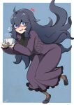  1girl @_@ ^^^ ahoge alternate_breast_size bangs black_hair black_legwear blue_background blue_eyes border breasts commentary_request cup dress flying_sweatdrops hair_between_eyes hairband hex_maniac_(pokemon) highres holding holding_saucer john_(a2556349) large_breasts long_dress long_hair long_sleeves looking_at_viewer mary_janes open_mouth pokemon pokemon_(game) pokemon_xy purple_dress purple_hairband saucer shoes signature solo standing standing_on_one_leg steam sweatdrop teabag teacup turtleneck white_border 