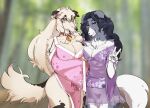 anthro asian_clothing bell bell_collar borzoi bovid bovine breasts canid canine canis cattle claws clothed clothing collar domestic_dog duo east_asian_clothing female female/female floral_pattern fur gesture grey_body grey_fur hair hand_gesture headgear hi_res horn hunting_dog hybrid japanese_clothing kimono long_hair looking_at_viewer mammal markings multicolored_body multicolored_fur nails neck_tuft oxana_(cowface) photo_background photography_(artwork) pink_outfit purple_eyes purple_outfit ra13us sighthound smile spots spotted_body spotted_fur tail tail_fluff teeth tuft v_sign yellow_eyes
