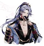 1boy arm_guards bangs black_choker blue_eyes blue_jacket bridal_gauntlets choker earrings falling_petals genshin_impact hand_fan highres holding holding_fan jacket jewelry kamisato_ayato light_blue_hair long_hair looking_at_viewer male_focus open_clothes open_jacket pectoral_cleavage pectorals petals pnkkr4mune ponytail simple_background single_earring solo tied_hair upper_body 