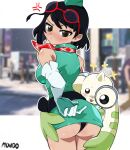  1girl adversarial_noise anger_vein ass bare_shoulders black_eyes black_hair black_panties blurry blurry_background breasts cowboy_shot digimon digimon_(creature) digimon_story:_time_stranger dress from_behind green_dress green_hat hat highres horns large_breasts looking_back magnifying_glass panties screenshot_background short_dress short_hair single_horn solo_focus supermondobeat terriermon terriermon_joshu underwear yuuki_kanan 