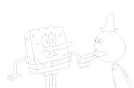 2025 4_fingers aliasing anatid anseriform avian beak biped bird bottomwear character_request clothing collared_shirt digital_media_(artwork) dress_shirt duck duo english_description eyelashes fingers freckled_face freckles hole_(anatomy) long_nose maddeku male marine necktie nickelodeon pants puffed_cheeks sea_sponge shirt simple_background sketch spongebob_squarepants spongebob_squarepants_(character) standing topwear white_background