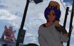  1boy blue_hair cloud cloudy_sky colored_inner_hair commentary conch_(gundam) food gloves gundam gundam_gquuuuuux hashtag-only_commentary highres holding holding_ice_cream_cone ice_cream ice_cream_cone looking_at_viewer lower_eyelashes_only male_focus mecha mobile_suit multicolored_hair non-humanoid_robot ocean ontan open_mouth outdoors purple_hair red_eyes red_gundam robot science_fiction shirt short_hair shuji_ito sky solo sweatdrop two-tone_hair utility_pole white_shirt 