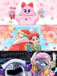  5girls adeleine armor black_hair blush chuchu_(kirby) coat colored_skin elline_(kirby) fairy fairy_wings fur-trimmed_coat fur_trim gloves highres holding holding_wrench king_dedede kirby kirby_(series) leaf maple_leaf meta_knight multiple_girls nervous_sweating pauldrons pink_hair pink_skin ribbon_(kirby) shoulder_armor susie_(kirby) sweat wings wrench yamy_(iseki_no_kusamura) yellow_gloves 