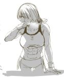  1girl abs aoba_(smartbeat) backlighting bangs breasts fate/grand_order fate_(series) greyscale hair_ribbon large_breasts long_hair looking_to_the_side martha_(fate) monochrome muscular muscular_female pants ribbon sketch solo sports_bra sweat toned wristband yoga_pants 