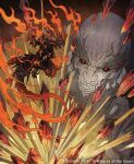  2boys claws copyright_notice fighting final_fantasy final_fantasy_xvi fire hagiya_kaoru horns ifrit_(final_fantasy) magic:_the_gathering monster multiple_boys official_art red_eyes rock tail titan_(final_fantasy) 