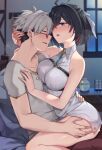  1boy 1girl ahoge atelier_(series) atelier_yumia bed black_hair breast_press breasts clothed_sex commentary_request commission eye_contact flask grabbing_another&#039;s_ass groping hair_ribbon hand_on_another&#039;s_back hand_on_another&#039;s_chest hand_on_another&#039;s_head happy_sex hetero highres implied_sex indoors looking_at_another medium_breasts messy_hair mole mole_under_eye multicolored_hair purple_eyes red-tinted_eyewear ribbon rutger_arendt shiny_skin shirt short_hair skeb_commission straddling sunglasses sweat table tinted_eyewear tsuki_tokage two-tone_hair upright_straddle variant_set white_hair white_ribbon white_shirt window yellow_eyes yumia_liessfeldt 