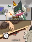 absurd_res alarm_clock ambiguous_gender anthro bed blush broken_door caught clock clothing door door_handle doorknob doujinshi_(object) duo english_text fire fur furniture generation_9_pokemon green_body green_fur hat hb_(artist) headgear headwear hi_res human humanoid male mammal meowscarada nintendo party_hat pink_eyes pokemon pokemon_(species) text tongue tongue_out