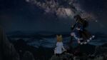 2girls animal_ears black_cape black_hair black_socks blonde_hair blue_dress blue_hat bug cape commentary_request dress firefly fox_ears fox_girl frilled_dress frills from_behind geta grass green_ribbon hand_on_own_hip hat highres holding holding_tripod iizunamaru_megumu kudamaki_tsukasa long_hair long_sleeves milky_way mountain mountainous_horizon multiple_girls nebula night night_sky on_ground outdoors purple_shoes ribbon romper scenery shoes short_hair shoulder_guard sitting sky socks star_(sky) starry_sky suna_(s73d) tengu-geta tokin_hat touhou tripod white_romper 