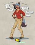 anthro black_hair blue_hair blush bottomwear brand_new_animal brown_body brown_bottomwear brown_clothing brown_eyes brown_fur brown_pants canid canine clothing dialogue fangs female fur fur_tuft gender_transformation hair hand_on_butt hi_res mammal michiru_kagemori mid_transformation mtf_transformation multicolored_hair open_mouth oversized_bottomwear oversized_clothing oversized_pants pants raccoon_dog red_clothing red_shirt red_topwear shirt simple_background solo studio_trigger tanuki tanuki_tail teeth tf-sential topwear transformation tuft two_tone_hair