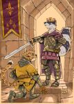 anthro armor armor_plates castle clothing crown duo eye_contact flag flag_on_wall gauntlets gloves handwear headgear hi_res holding_melee_weapon holding_object holding_sword holding_weapon king knight knight_armor knighting looking_at_another male male/male mawkvlt medieval medieval_architecture medieval_armor medieval_clothing medieval_fantasy melee_weapon royalty sword tail warrior weapon wearing_crown