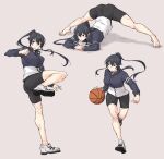  1girl barefoot basketball beige_background bike_shorts black_hair black_shorts commentary eyebrows_visible_through_hair hair_between_eyes highres jack-o&#039;_challenge jacket kantai_collection long_hair long_sleeves multiple_views open_mouth ponytail red_eyes rindou_(rindou_annon) shoes shorts simple_background sneakers top-down_bottom-up track_jacket very_long_hair yahagi_(kancolle) 