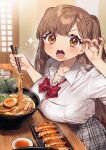  1girl blush bow bowtie breast_rest breasts brown_eyes brown_hair chopsticks collarbone collared_shirt commentary_request eyebrows_visible_through_hair food food_on_face grey_skirt high-waist_skirt highres holding holding_chopsticks indoors jewelry kodama_(sakura_yuki) large_breasts long_hair looking_at_viewer necklace noodles open_mouth original plaid plaid_skirt red_bow red_bowtie sakura_yuki_(clochette) sausage shirt skirt solo sparkle white_shirt 