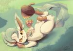 acorn ambiguous_gender androgynous canid canine eeveelution featureless_crotch feet felid feline feral food fruit generation_4_pokemon hindpaw leafeon lying mammal nintendo no_genitals nut_(fruit) on_back outside pawpads paws plant playful pokemon pokemon_(species)