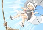  1girl :o arnest blonde_hair braid broom broom_riding commission frilled_skirt frills hat kirisame_marisa open_mouth panties parachute single_braid skeb_commission skirt solo surprised touhou underwear upskirt witch_hat yellow_eyes 