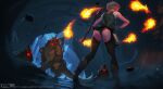  1girl ass blonde_hair book boots breasts cave chaps commentary deviantart_username elf english_commentary fantasy fireball from_behind glowing glowing_eyes glowing_mouth knee_boots mage_staff mathias_leth medium_breasts monster original pointy_ears short_hair solo watermark web_address 