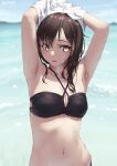  1girl armpits bangs bikini black_bikini black_hair breasts brown_eyes collarbone commentary_request eyebrows_visible_through_hair jonsun looking_at_viewer medium_breasts medium_hair mole mole_on_breast navel ocean original parted_bangs shiori_(jonsun) solo swimsuit twitter_username undressing wet 