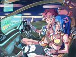  2girls absurdres anger_vein angry animal armband artist_name blue_eyes blue_hair blunt_bangs bracelet breasts burger car car_interior closed_mouth colored_sclera commentary crop_top cup dated dirty_pair disposable_cup drink drinking drinking_straw driving food food_theft food_wrapper gloves headband highres holding holding_burger holding_cup holding_food holographic_interface isedaichi_ken jewelry kei_(dirty_pair) licking_lips long_hair medium_breasts midriff motion_blur motor_vehicle mughi multiple_girls nanmo navel no_pupils non-humanoid_robot one-eyed open_mouth purple_fur red_armband red_eyes red_hair robot science_fiction shirt short_hair short_shorts shorts sleeveless sleeveless_shirt space steering_wheel surprised teeth tongue tongue_out twitter_username white_gloves white_headband white_shirt white_shorts yellow_sclera yellow_shirt yellow_shorts yuri_(dirty_pair) 