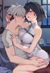  1boy 1girl ahoge atelier_(series) atelier_yumia bed black_hair breast_press breasts clothed_sex commentary_request commission eye_contact flask grabbing_another&#039;s_ass groping hair_ribbon hand_on_another&#039;s_back hand_on_another&#039;s_chest hand_on_another&#039;s_head happy_sex hetero highres implied_sex indoors looking_at_another medium_breasts messy_hair mole mole_under_eye motion_lines multicolored_hair purple_eyes red-tinted_eyewear ribbon rutger_arendt shiny_skin shirt short_hair skeb_commission straddling sunglasses sweat table tinted_eyewear tsuki_tokage two-tone_hair upright_straddle variant_set white_hair white_ribbon white_shirt window yellow_eyes yumia_liessfeldt 
