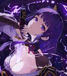  1girl absurdres breasts cleavage drawing_sword electricity genshin_impact hair_ornament highres holding holding_sword holding_weapon human_scabbard ippai_nekokusa large_breasts looking_at_viewer mole mole_under_eye parted_lips purple_eyes purple_hair raiden_shogun solo sword upper_body weapon 