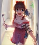  1girl apron backlighting bangs blue_eyes blue_shorts blurry blurry_background bow brown_hair commentary eyebrows_visible_through_hair hair_bow holding holding_ladle idolmaster idolmaster_million_live! indoors jewelry kamille_(vcx68) ladle looking_at_viewer medium_hair open_mouth opening_door pink_apron ponytail red_bow ring satake_minako shirt short_shorts short_sleeves shorts smile solo strap_slip striped striped_shirt wedding_band white_shirt 