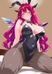  1girl alternate_costume arms_behind_back ass_visible_through_thighs bare_shoulders bed black_bow black_bowtie black_leotard black_pantyhose blue_eyes bow bowtie breasts cleavage covered_groin covered_navel crystal_wings detached_sleeves detached_wings double-parted_bangs hair_ornament halo heterochromia highleg highleg_leotard highres hololive hololive_english horns indoors irys_(hololive) irys_(irys_2.0)_(hololive) kneeling large_breasts leotard light_blush lips long_hair looking_at_viewer mixed-language_commentary on_bed pantyhose playboy_bunny pointy_ears rabbit_hair_ornament red_eyes red_hair rijeka1918 smile solo star_halo strapless strapless_leotard thick_thighs thighs virtual_youtuber wings 