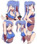  1girl bikini blue_bikini blue_hair breasts cleavage collarbone highres kantai_collection large_breasts long_hair looking_at_viewer multiple_views navel nonojiten official_alternate_costume ponytail red_hair solo south_dakota_(kancolle) south_dakota_(swimsuit)_(kancolle) sports_bikini swimsuit white_hair 