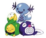  bluekomadori budew closed_eyes full_body highres limited_palette looking_at_another no_humans open_mouth pokemon pokemon_(creature) poliwag simple_background sitting white_background wooper 
