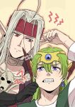  2boys ahoge arm_up black_gloves blue_gemstone cheek_pull choker clenched_teeth commentary dragon_quest dragon_quest_iv earrings fins gem gloves grabbing_another&#039;s_ear green_hair green_vest hand_on_another&#039;s_ear harness head_fins headband headpiece hero_(dq4) jewelry long_hair looking_at_another looking_up male_focus multiple_boys parted_hair pisaro pointy_ears purple_eyes red_eyes red_headband shirt single_earring slime_(dragon_quest) symbol-only_commentary tara_(677965) teeth upper_body vest white_hair white_shirt yellow_background 