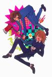  2boys absurdres aged_down axe bagel_(xinjinjumin900341874831) black_eyes blood blood_on_hands blue_coat blue_gakuran brothers brown_hair checkered_background coat dream_luther english_text fang full_body gakuran glasses highres holding holding_axe holding_scissors looking_at_viewer luther_von_ivory male_focus multiple_boys randal&#039;s_friends randal_ivory round_eyewear school_uniform scissors short_hair siblings 