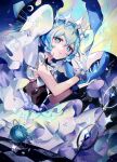  1girl aurorus ball bare_arms chromatic_aberration coco7 commentary dress english_commentary eyelashes gloves green_eyes green_hair hair_between_eyes hair_ornament hands_up hatsune_miku highres looking_at_viewer looking_to_the_side parted_lips pokemon pokemon_(creature) project_voltage rock_miku_(project_voltage) sparkle vocaloid wand white_gloves 