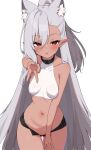  1girl absurdres animal_ears bare_arms bare_shoulders black_choker black_shorts breasts choker choko_(hrodvitnir) closed_mouth commentary_request commission covered_nipples cowboy_shot crop_top dark-skinned_female dark_skin extra_ears half_updo highres korean_commentary long_hair looking_at_viewer micro_shorts midriff navel open_fly original outstretched_arm pointy_ears red_eyes second-party_source shirt shorts simple_background sleeveless sleeveless_shirt small_breasts smile solo stomach thighs tongue tongue_out v very_long_hair w.k white_background white_hair white_shirt 