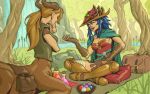  2girls armor armored_boots bandaged_arm bandaged_leg bandages belt blonde_hair blue_hair boots breasts brown_horns buckle cape cattail centaur cliff closed_eyes commentary commission curled_horns cushion dang_(runescape) duellist&#039;s_cap_(tier_6) english_commentary fingerless_gloves forest full_body gem gladiator gloves glowing_hat grass green_belt green_cape green_vest hair_between_eyes hat highres horns long_bangs long_hair market market_stall medium_breasts merchant monster_girl multiple_girls multiple_legs nature old_school_runescape original outdoors pinktaco plant ponytail potion pouch river rock rug runescape second-party_source smile spiked_ear_piercing sun_symbol taur thick_eyebrows tree vest water waterfall 