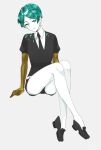  1other androgynous bangs commentary_request crystal_hair eyebrows_visible_through_hair gem_uniform_(houseki_no_kuni) golden_arms green_eyes green_hair grey_background highres houseki_no_kuni looking_at_viewer necktie phosphophyllite short_hair short_sleeves shorts simple_background smile solo syu-fu 