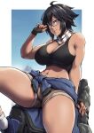  1girl absurdres bangs bare_shoulders black_gloves black_hair black_sports_bra blue_eyes breasts brown_shorts cleavage clothes_around_waist fingerless_gloves glasses gloves highres jacket jacket_around_waist large_breasts looking_at_viewer midriff muscular muscular_female navel nito_armstrong_(guiltyxx) original packge scarf short_hair short_shorts shorts smile solo sports_bra tank_top thighs tomboy 