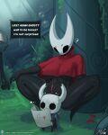 2025 2_horns absurd_res ambiguous_gender areola_outline arthropod artist_name biped black_body black_breasts black_eyes bodily_fluids breasts cloak clothing crouching detailed_background dialogue duo ellipsis english_text exclamation_point eyebrows female fingers grass half_sister_(lore) hi_res holding_map hollow_knight horn hornet_(hollow_knight) light looking_at_another map melee_weapon mitiz-art nail_(weapon) nipple_outline outside plant question_mark red_clothing sibling_(lore) sister_(lore) spread_legs spreading standing sunlight sweat sweatdrop talking_to_another team_cherry text text_box the_knight_(hollow_knight) url vessel_(species) weapon weapon_on_back white_text