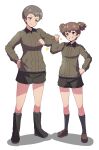  2girls absurdres alisa_(girls_und_panzer) arm_bump bangs black_footwear black_shorts boots brown_eyes brown_hair brown_jacket closed_mouth commentary emblem freckles girls_und_panzer grey_legwear grin hair_ornament hand_on_hip highres jacket kneehighs loafers long_sleeves looking_at_another military military_uniform multiple_girls naomi_(girls_und_panzer) sasaki_tatsuya saunders_military_uniform shoes short_hair short_shorts short_twintails shorts simple_background smile socks standing star_(symbol) star_hair_ornament textless twintails uniform very_short_hair white_background 