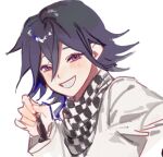  1boy bangs blush checkered checkered_scarf chess_piece danganronpa_(series) danganronpa_v3:_killing_harmony grey_jacket grin hand_up holding jacket long_sleeves looking_at_viewer male_focus ouma_kokichi scarf short_hair simple_background sketch smile solo teeth upper_body white_background yp_(pypy_5_) 