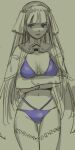  1girl aoba_(smartbeat) bangs bikini blue_bikini blue_eyes blunt_bangs breasts capelet cleavage crossed_arms fate/grand_order fate_(series) greyscale hair_ribbon highres large_breasts long_hair looking_at_viewer martha_(fate) monochrome navel open_mouth ribbon solo spot_color swimsuit thighhighs thighs 
