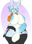 anthro balls big_balls big_breasts big_penis blue_body blue_fur blue_hair blue_mouth boosterpang bottomwear breasts busty_boy_(lore) clothing ear_piercing fur genitals gynomorph hair hi_res hotpants intersex lagomorph legwear leporid male_(lore) mammal nipples penis piercing rabbit shorts solo thigh_highs tristan_(bluebunboi) white_body white_fur