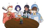  1girl 3boys amuro_ray bindi bit_(gundam) black_hair blonde_hair blue_hair bonnet bow bowl brown_eyes brown_hair burger chopsticks commentary_request crossdressing dark-skinned_female dark_skin double_bun eating food food_on_face frilled_bonnet frilled_shirt frills green_eyes gundam gundam_gquuuuuux hair_bow hair_bun hair_over_eyes hairband highres holding holding_bowl holding_burger holding_chopsticks holding_food holding_menu lalah_sune lolita_fashion long_sleeves menu mobile_suit_gundam multiple_boys open_mouth rice rice_bowl rice_on_face shamoji shirouzu_(gundam) shirt short_hair shuji_ito smile starshadowmagician succulent_plant table white_background 
