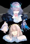  2boys blue_eyes brown_hair fate/grand_order fate_(series) grey_hair hair_between_eyes highres lantern_madoyoi looking_at_viewer multiple_boys oberon_(fate) oberon_(second_ascension)_(fate) oberon_(third_ascension)_(fate) short_hair smile tongue tongue_out 