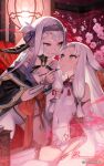  :3 ainezu animal_ears breasts closed_mouth commentary_request covered_navel flat_chest flower frown headband highres indoors japanese_clothes lantern light_blush long_hair mature_female nervous official_art pink_flower rabbit_ears rabbit_girl shirayuki_(utawarerumono) small_breasts sweat tattoo thighhighs tribal_tattoo utawarerumono utawarerumono:_lost_flag white_hair yellow_eyes 