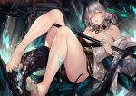  1girl arknights bare_legs barefoot blue_nails breasts grey_hair head_wings highres ho'olheyak_(arknights) ho'olheyak_(carriage_of_the_winds_of_time)_(arknights) holding holding_staff large_breasts looking_at_viewer nail_polish parted_lips snake_tail solo staff tail toenail_polish toenails wings xiangchizhubijin 
