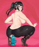  1girl anal anal_object_insertion ass black_hair black_legwear boots breasts brown_eyes brown_footwear clothed_masturbation commission dated dildo dildo_riding from_behind glasses highres jujutsu_kaisen keigi large_breasts lips long_hair looking_back lube masturbation no_panties object_insertion pantyhose pink-framed_eyewear ponytail semi-rimless_eyewear sex_toy sideboob solo squatting suction_cup_dildo sweat thick_thighs thighs tiptoes topless torn_clothes torn_legwear turning_head twitter_username under-rim_eyewear zen&#039;in_maki 