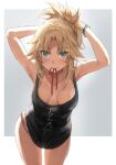  1girl armpits arms_behind_head arms_up bangs bare_shoulders black_tank_top blonde_hair blush breasts collarbone fate/apocrypha fate_(series) green_eyes highres long_hair looking_at_viewer mordred_(fate) mordred_(fate/apocrypha) mouth_hold parted_bangs ponytail sidelocks small_breasts solo tank_top thighs tonee tying_hair 