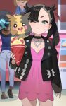  2girls black_hair black_jacket choker crepe dress food green_eyes highres holding holding_food hood_(james_x) jacket marnie_(pokemon) morpeko morpeko_(full) multiple_girls nessa_(pokemon) on_shoulder one_eye_closed pink_dress pokemon pokemon:_twilight_wings pokemon_(creature) pokemon_(game) pokemon_on_shoulder pokemon_swsh short_dress solo_focus twintails two_side_up 