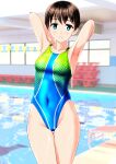  1girl absurdres armpits arms_behind_head blue_eyes breasts brown_hair cameltoe clothes_writing commentary_request competition_swimsuit covered_navel cowboy_shot highres indoors looking_at_viewer multicolored_clothes multicolored_swimsuit one-piece_swimsuit original parted_lips pool poolside presenting_armpit short_hair small_breasts solo standing swimsuit takafumi thigh_gap 